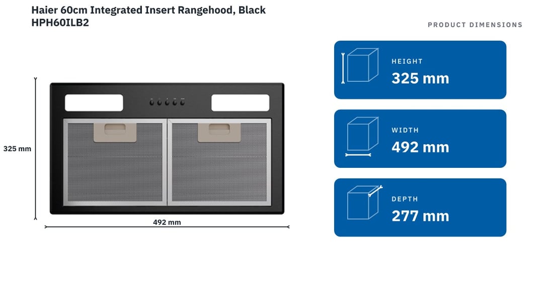 Haier 60cm Integrated Insert Rangehood, Black HPH60ILB2 — product dimensions