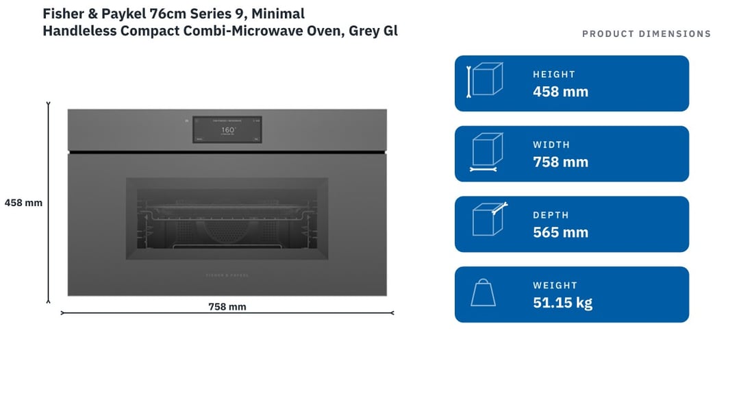 Fisher & Paykel 76cm Series 9, Minimal Handleless Compact Combi-Microwave Oven, Grey Glass OM76NMUNG3 — product dimensions