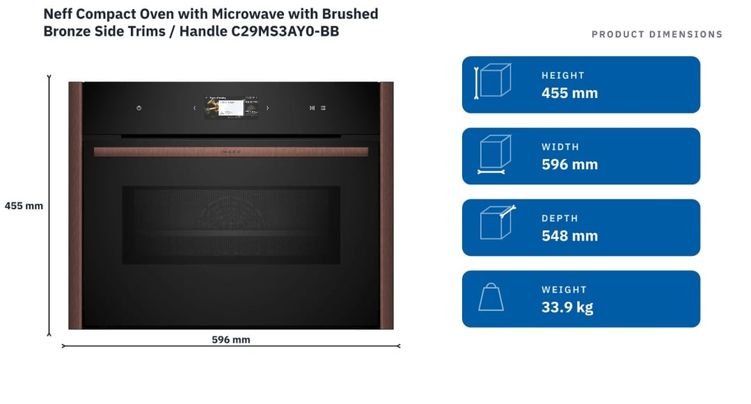 Neff Compact Oven with Microwave with Brushed Bronze Side Trims / Handle C29MS3AY0-BB — product dimensions