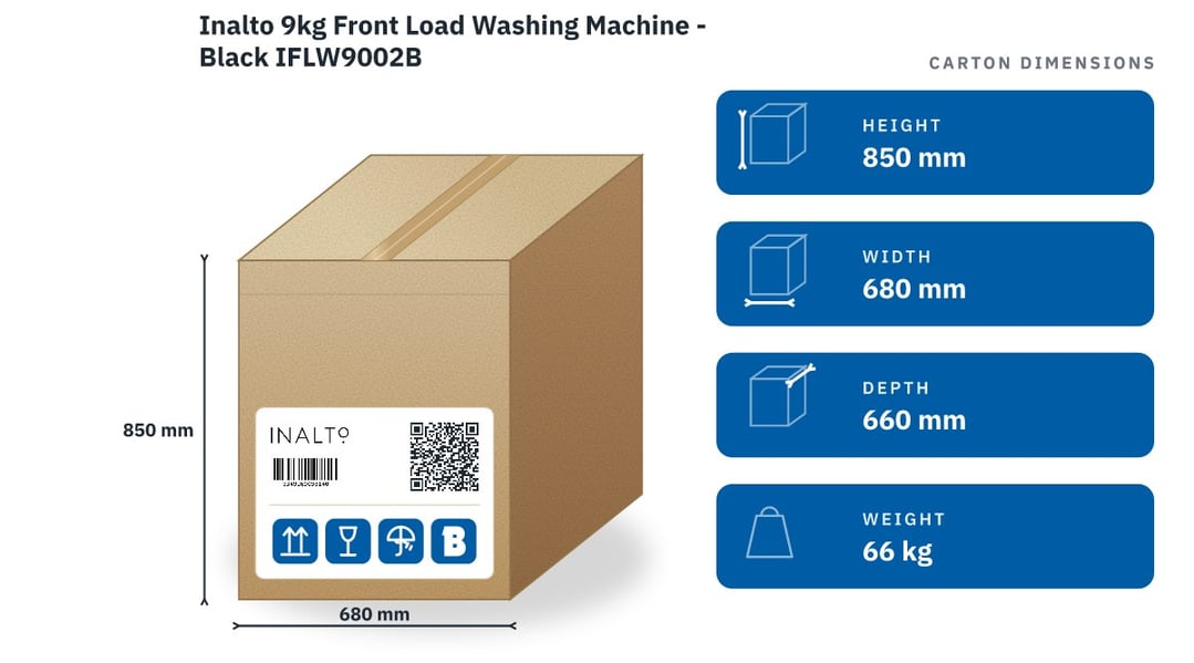 Inalto 9kg Front Load Washing Machine - Black IFLW9002B — packaged dimensions