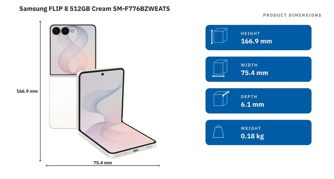 Samsung FLIP 8 512GB Cream SM-F776BZWEATS — product dimensions