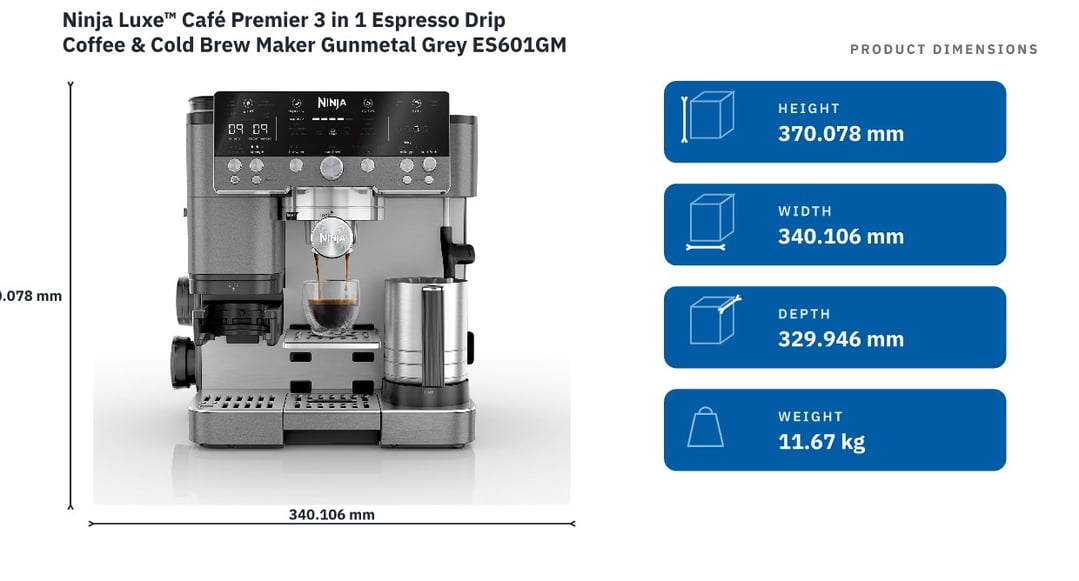 Ninja Luxe™ Café Premier 3 in 1 Espresso Drip Coffee & Cold Brew Maker Gunmetal Grey ES601GM — product dimensions