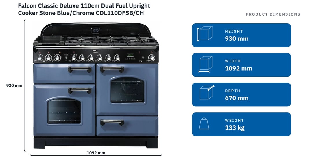 Falcon Classic Deluxe 110cm Dual Fuel Upright Cooker Stone Blue/Chrome CDL110DFSB/CH — product dimensions