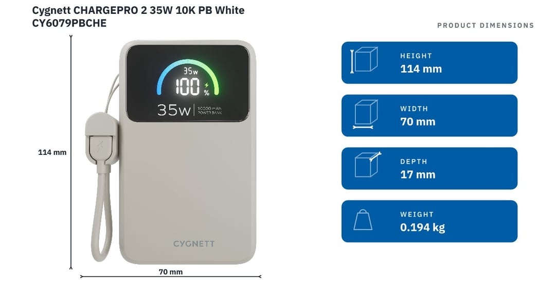 Cygnett CHARGEPRO 2 35W 10K PB White CY6079PBCHE — product dimensions