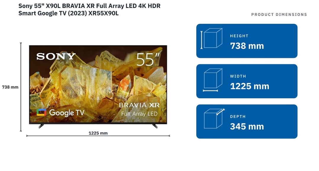 Sony 55" X90L BRAVIA XR Full Array LED 4K HDR Smart Google TV (2023) XR55X90L — product dimensions