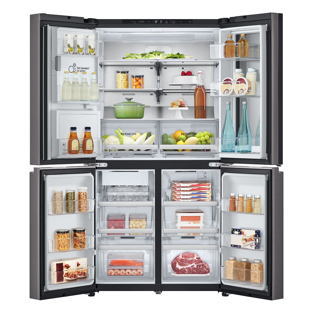 Open LG French door fridge with food and drinks inside, showing interior organization
