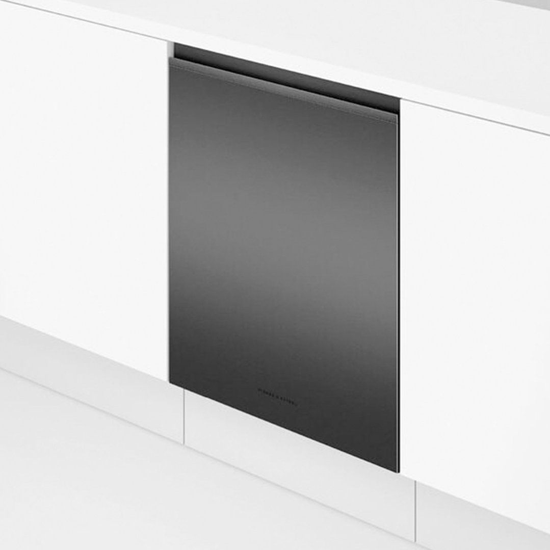 Black built-under dishwasher integrated into white kitchen cabinetry