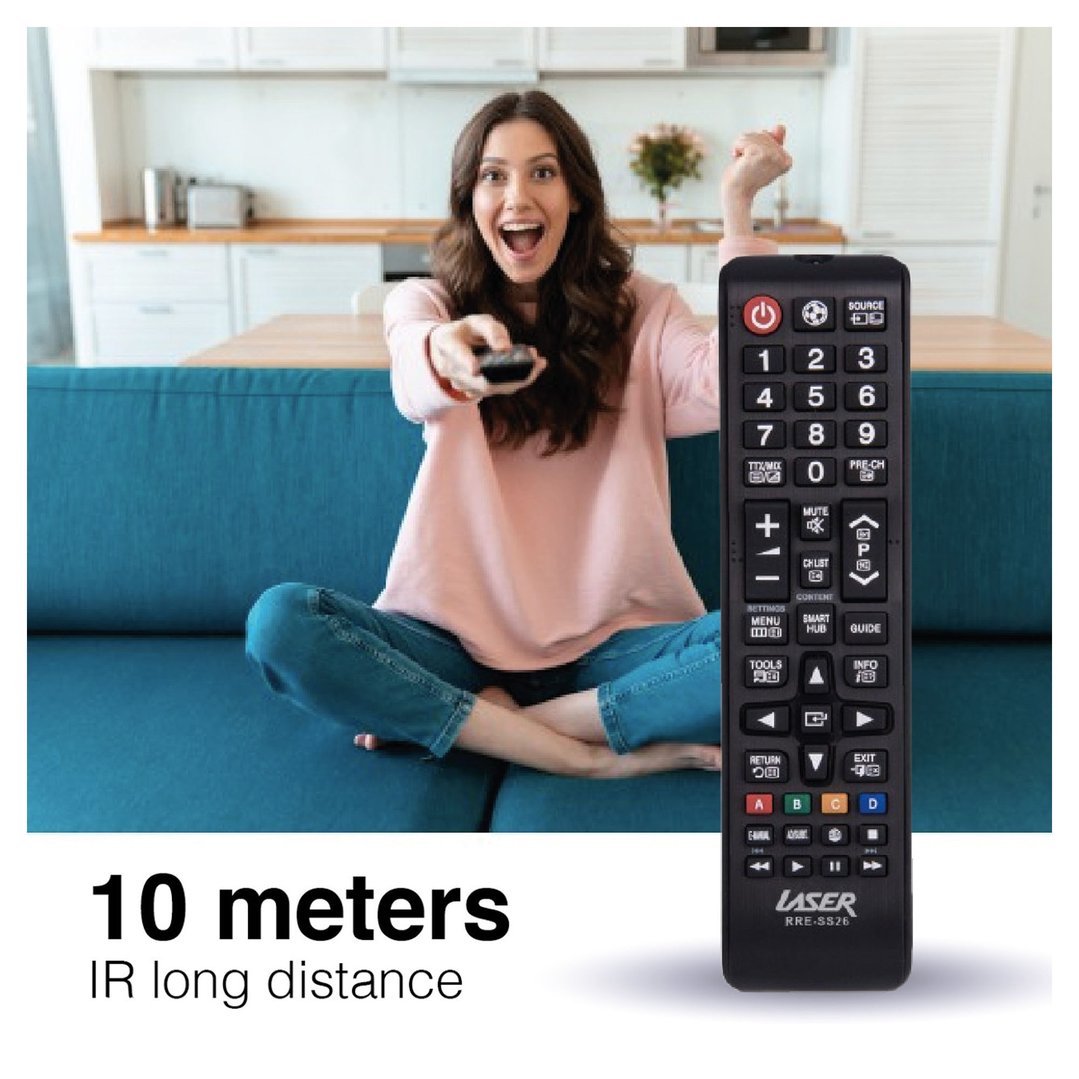 Woman on a couch using a remote control for Samsung TV, with text overlay