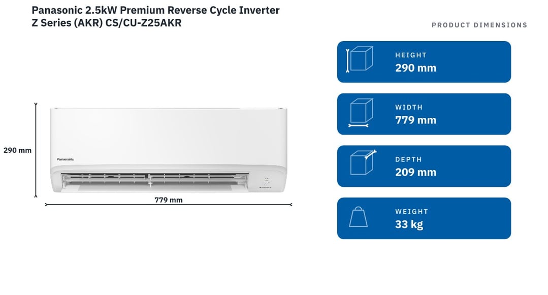 Panasonic 2.5kW Premium Reverse Cycle Inverter Z Series (AKR) CS/CU-Z25AKR — product dimensions