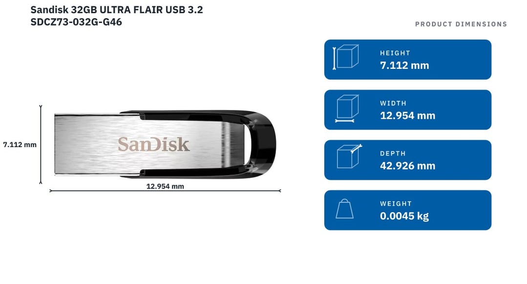 Sandisk 32GB ULTRA FLAIR USB 3.2 SDCZ73-032G-G46 — product dimensions
