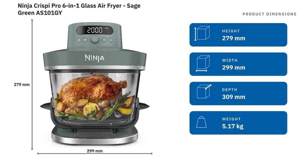 Ninja Crispi Pro 6-in-1 Glass Air Fryer - Sage Green AS101GY — product dimensions
