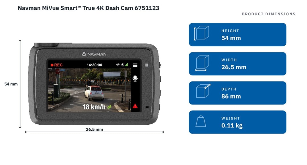 Navman MiVue Smart™ True 4K Dash Cam 6751123 — product dimensions