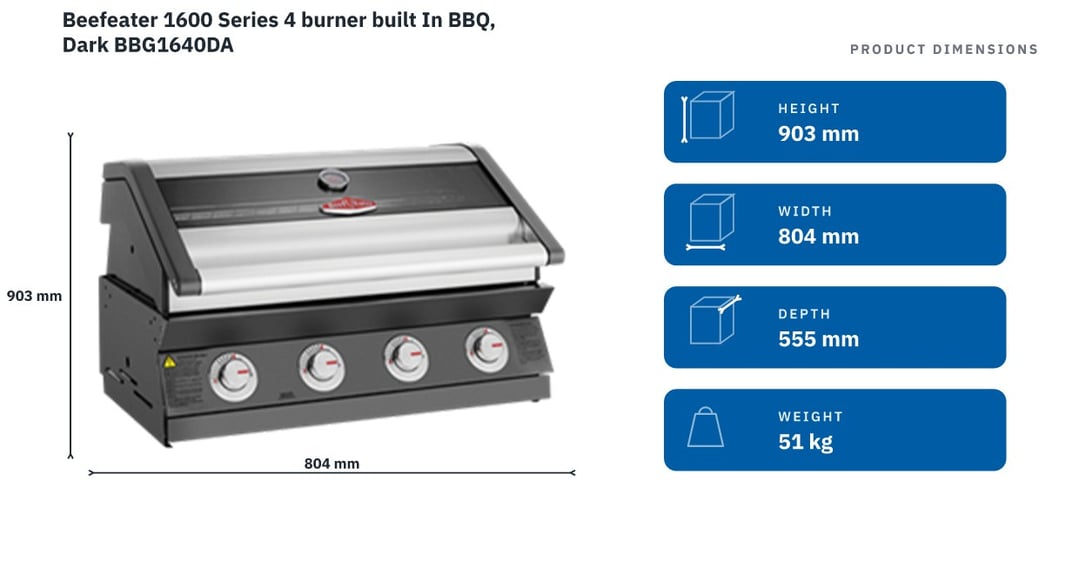 Beefeater 1600 Series 4 burner built In BBQ, Dark BBG1640DA — product dimensions