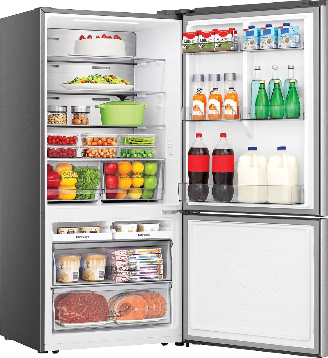 Open bottom mount fridge filled with food and drinks in a kitchen setting