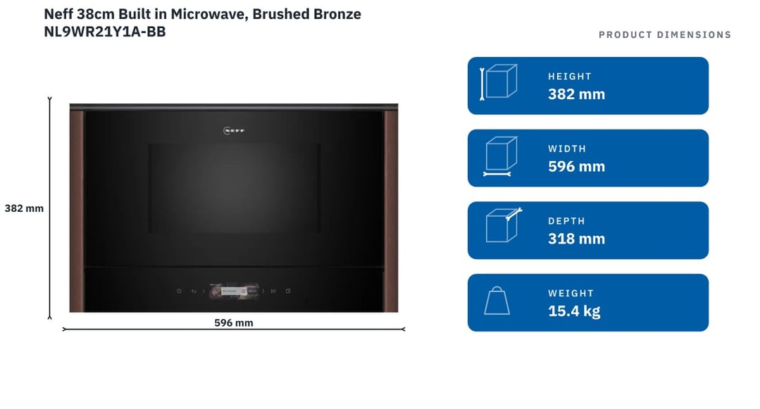 Neff 38cm Built in Microwave, Brushed Bronze NL9WR21Y1A-BB — product dimensions