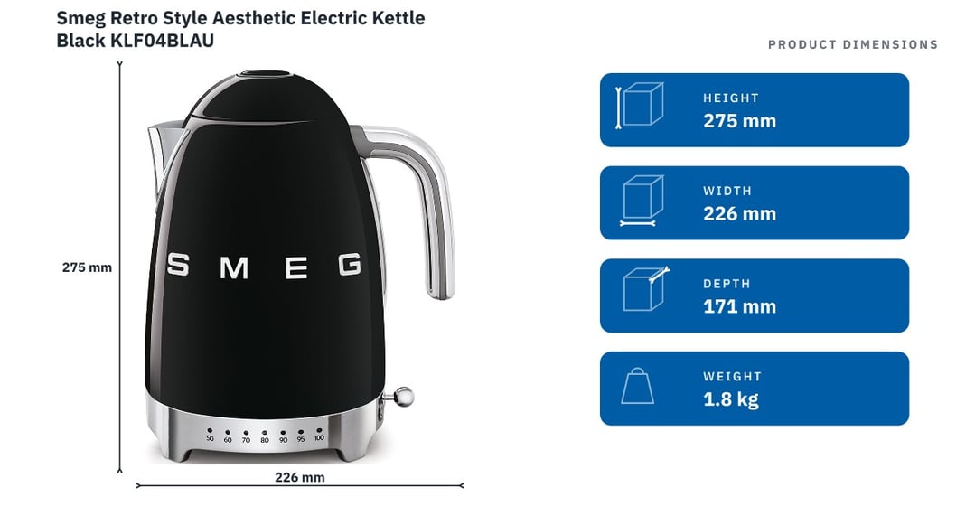Smeg Retro Style Aesthetic Electric Kettle Black KLF04BLAU