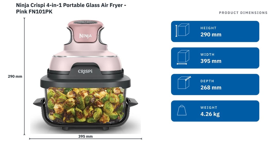 Ninja Crispi 4-in-1 Portable Glass Air Fryer - Pink FN101PK — product dimensions