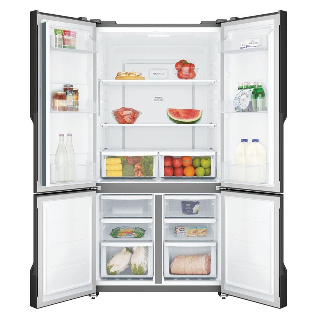 Open Westinghouse 564L quad door fridge filled with food items