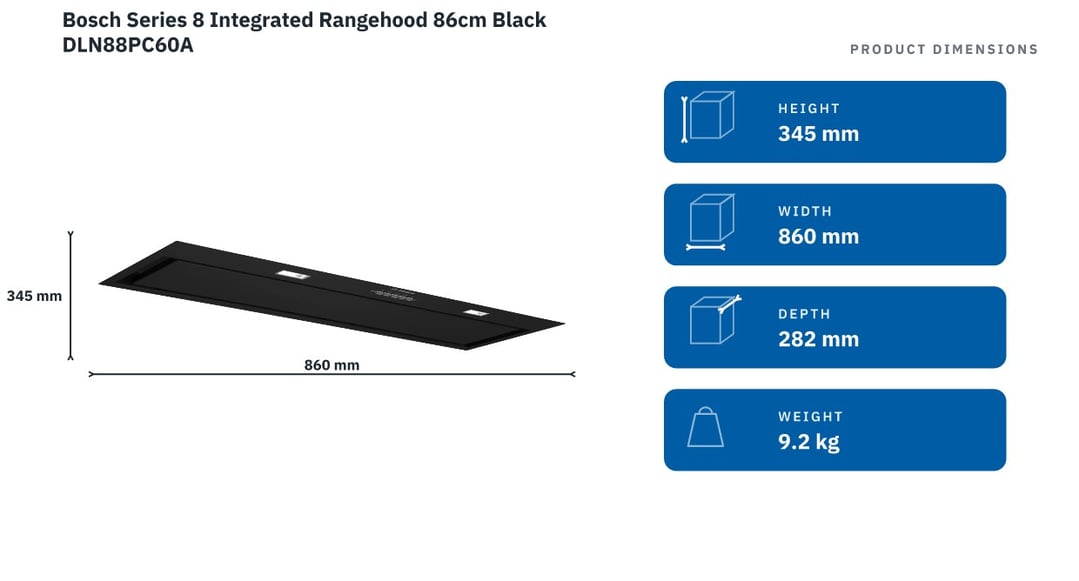 Bosch Series 8 Integrated Rangehood 86cm Black DLN88PC60A — product dimensions