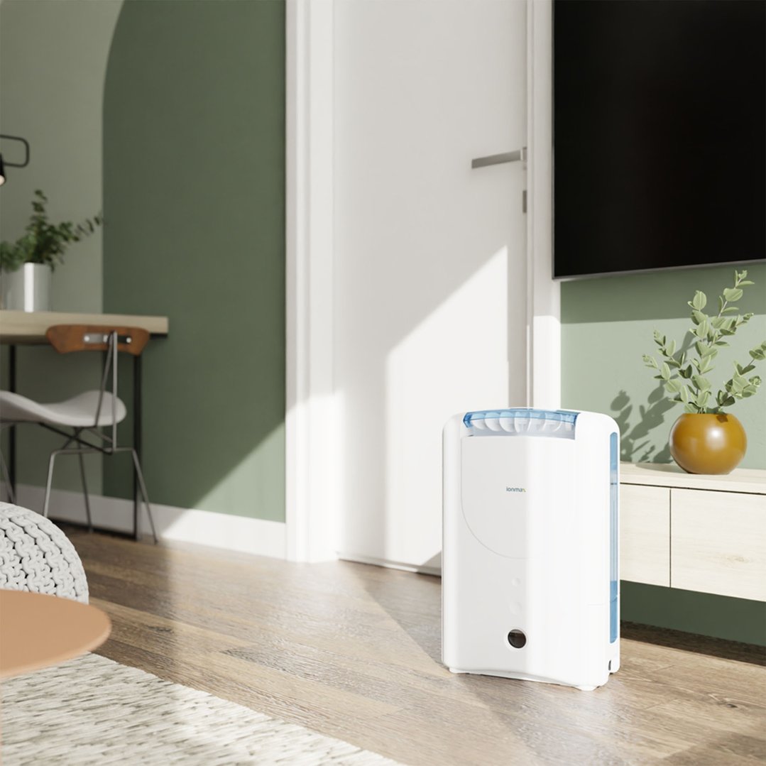 IONMAX dehumidifier on a wooden floor in a modern living room