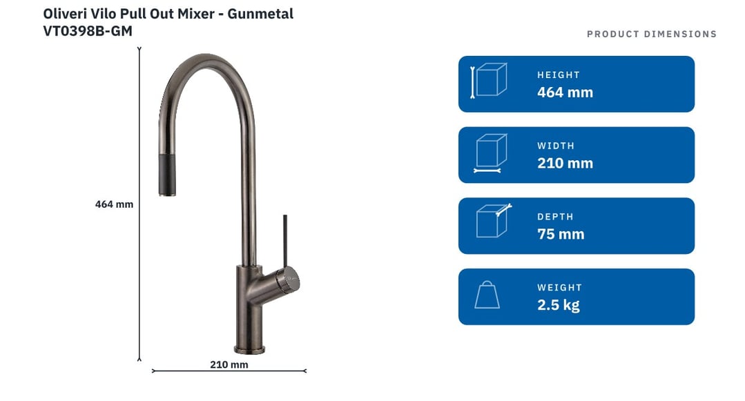 Oliveri Vilo Pull Out Mixer - Gunmetal VT0398B-GM — product dimensions