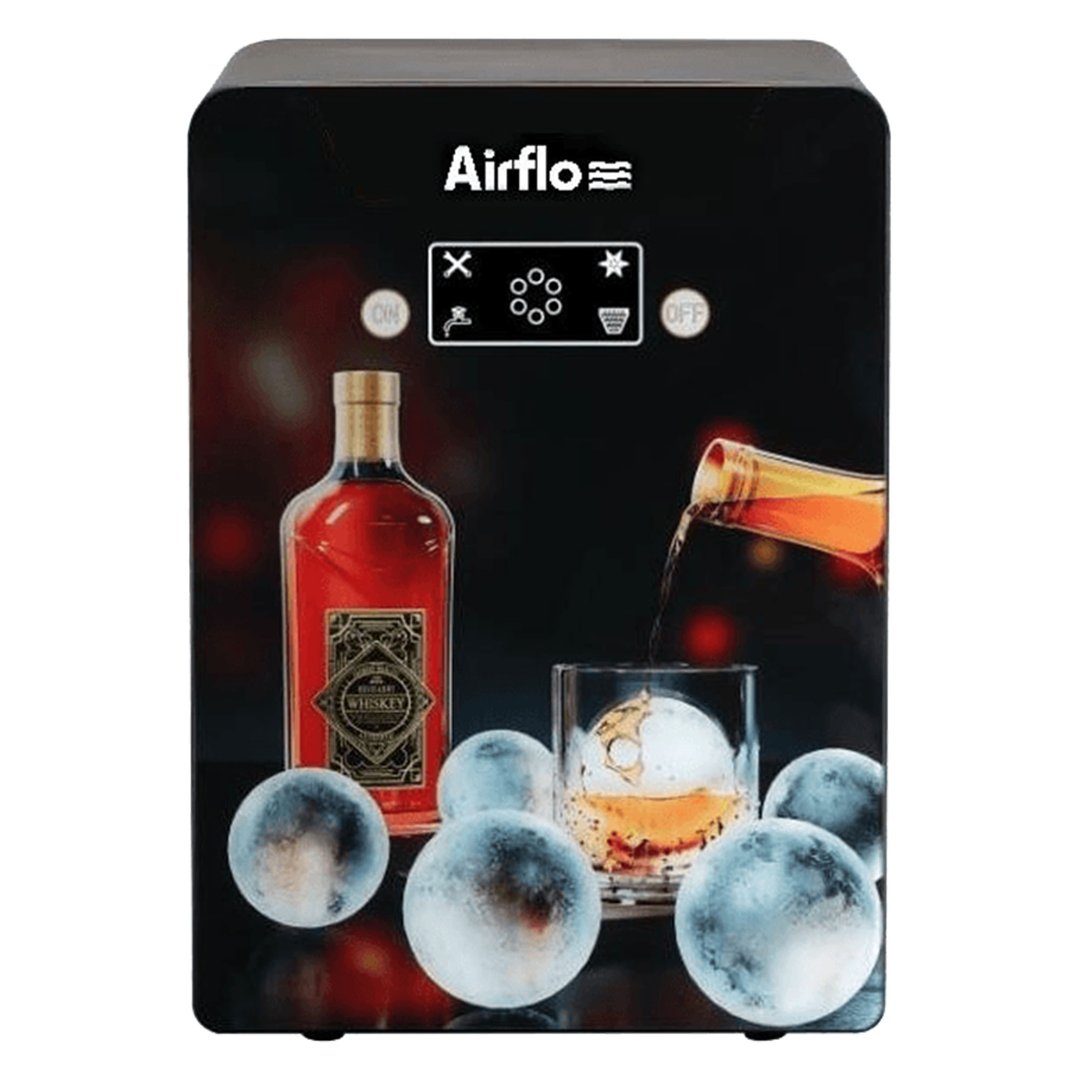 Black Airflo Sphere Ice Maker with whiskey bottle and ice balls