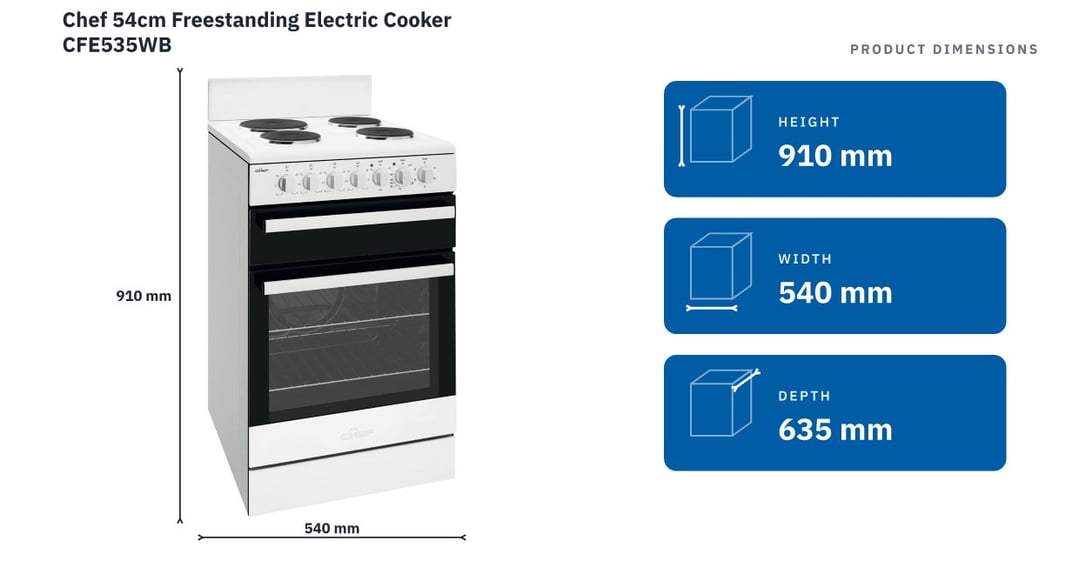 Chef 54cm Freestanding Electric Cooker CFE535WB — product dimensions