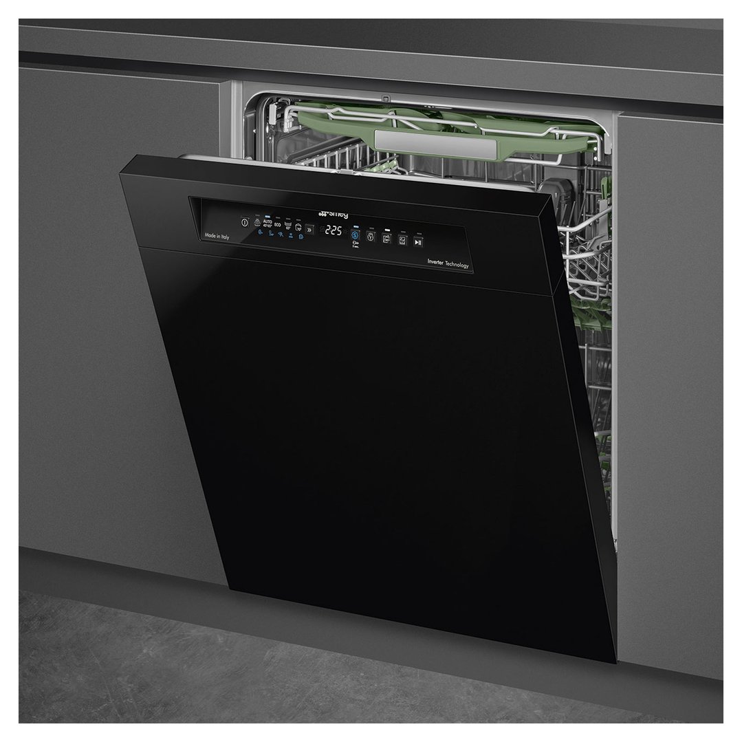 Black dishwasher with door ajar, showing interior racks in a dark kitchen