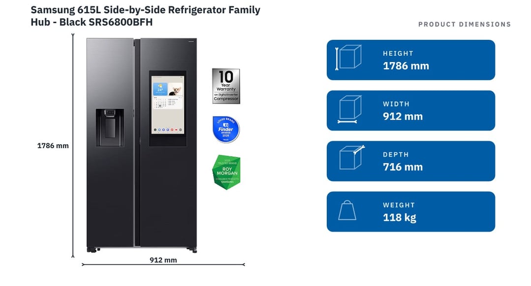 Samsung 615L Side-by-Side Refrigerator Family Hub - Black SRS6800BFH — product dimensions