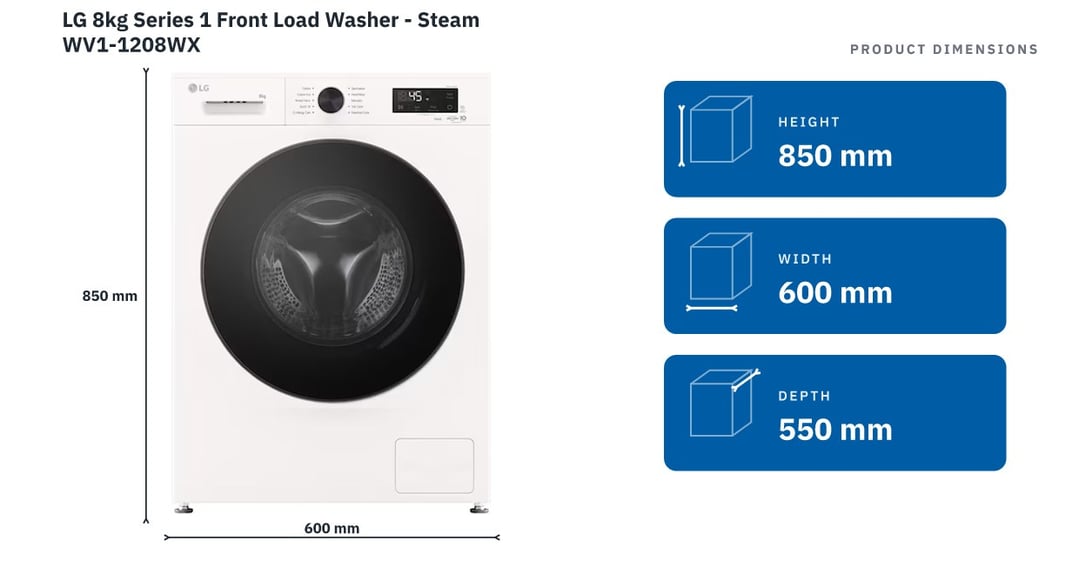 LG 8kg Series 1 Front Load Washer - Steam WV1-1208WX — product dimensions