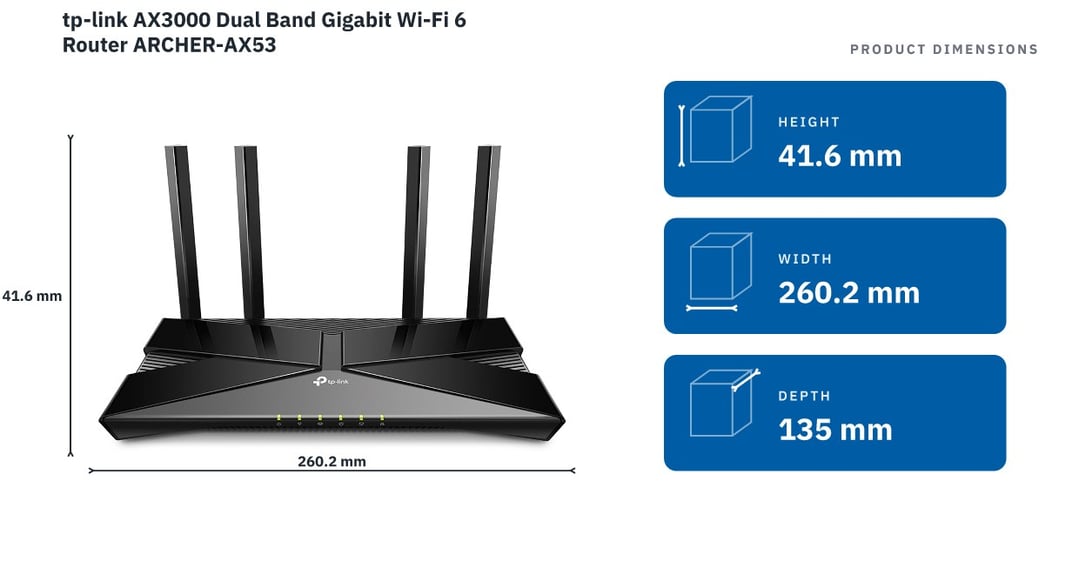 tp-link AX3000 Dual Band Gigabit Wi-Fi 6 Router ARCHER-AX53 — product dimensions