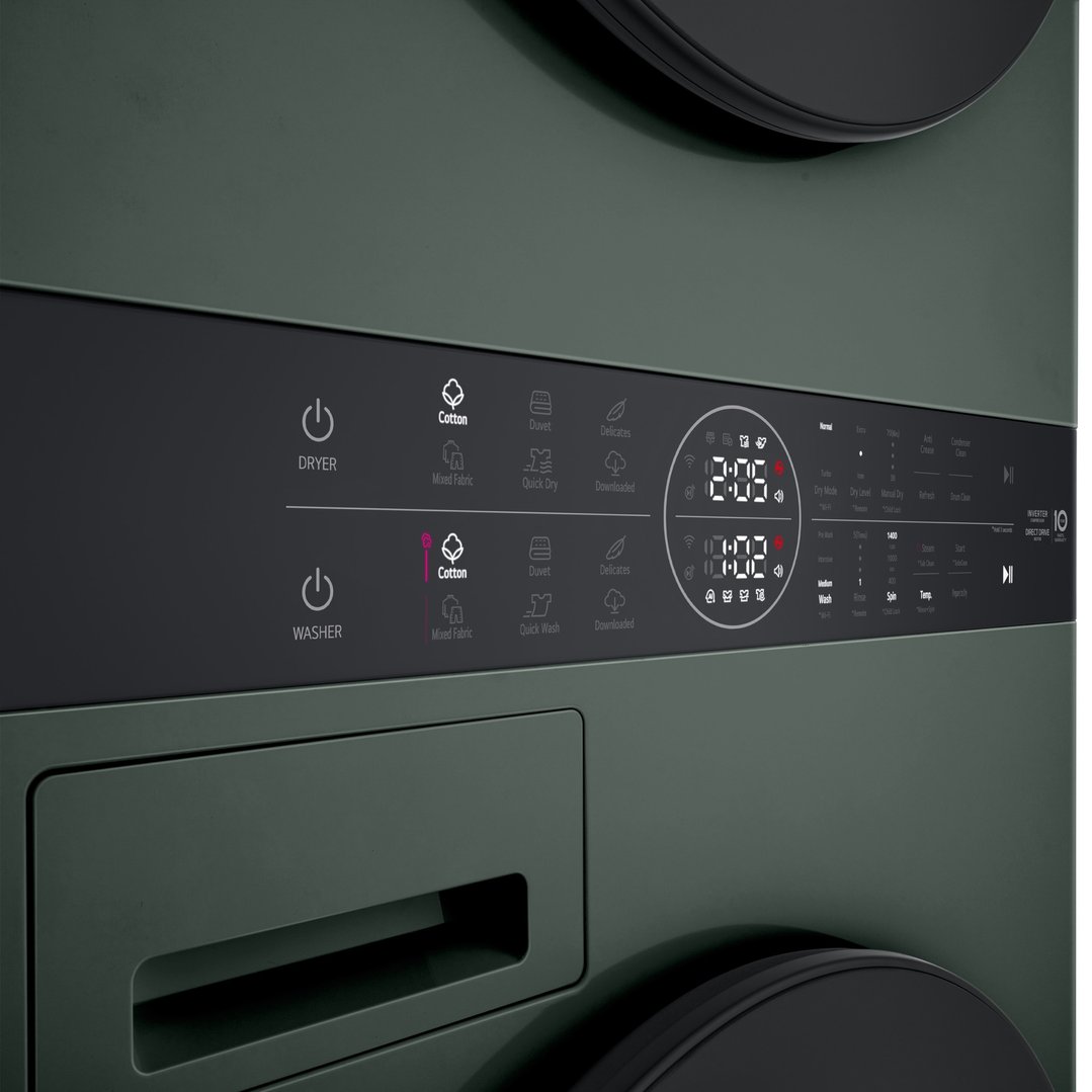 Close-up of a forest green stacked washer dryer control panel