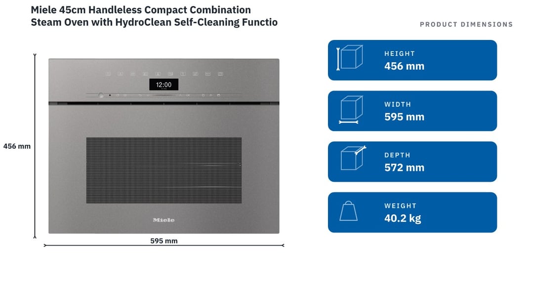 Miele 45cm Handleless Compact Combination Steam Oven with HydroClean Self-Cleaning Function Graphite Grey DGC7440HCXPROGRGR — product dimensions