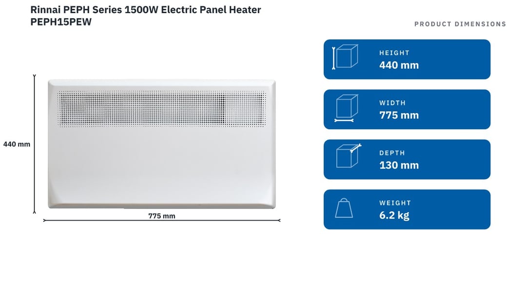 Rinnai PEPH Series 1500W Electric Panel Heater PEPH15PEW — product dimensions