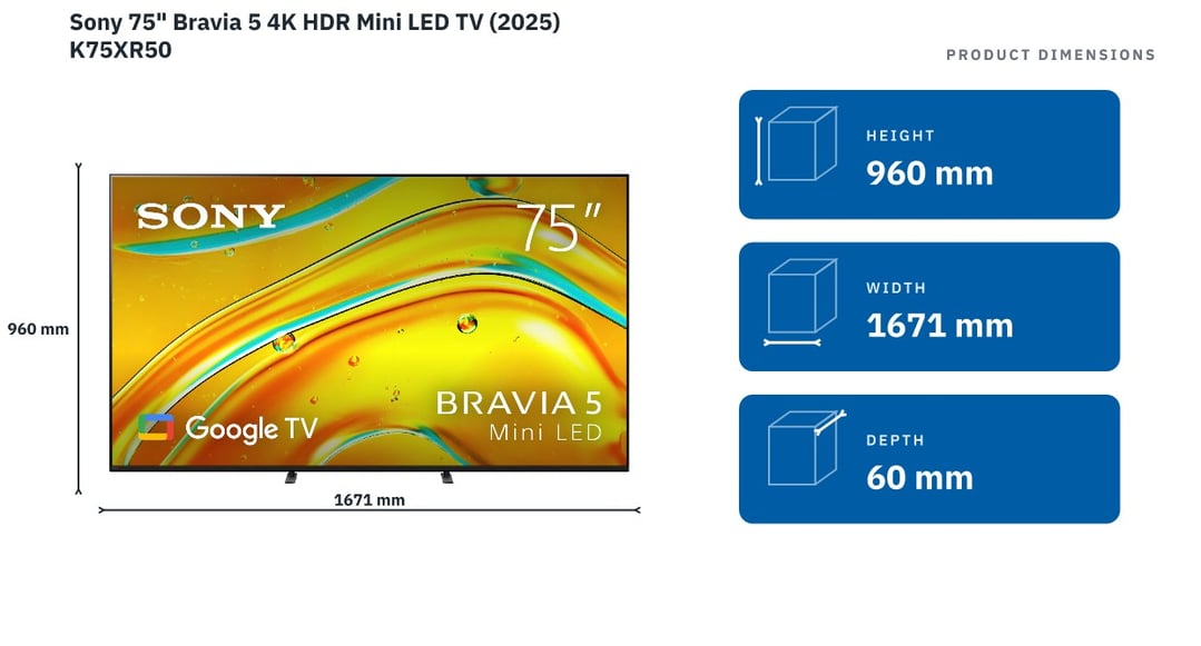 Sony 75" Bravia 5 4K HDR Mini LED TV (2025) K75XR50 — product dimensions