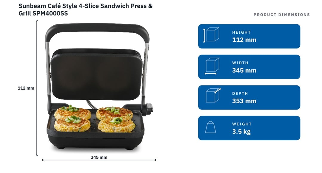 Sunbeam Café Style 4-Slice Sandwich Press & Grill SPM4000SS — product dimensions