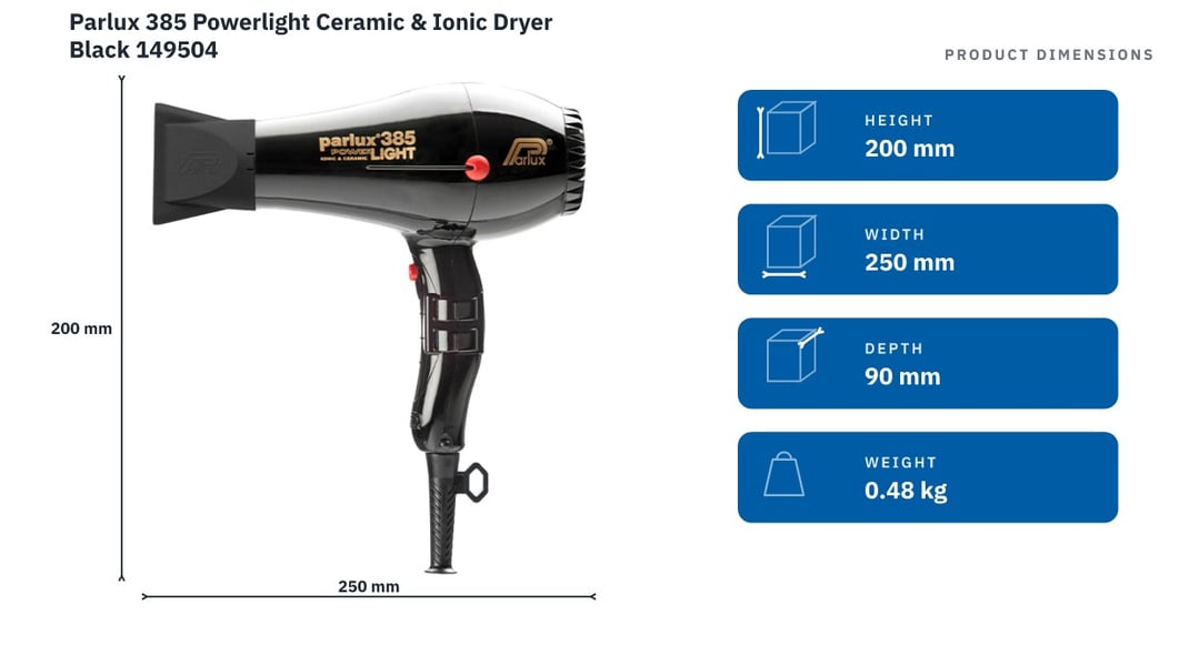 Parlux 385 Powerlight Ceramic & Ionic Dryer Black 149504 — product dimensions