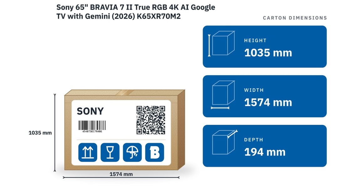 Sony 65" BRAVIA 7 II True RGB 4K AI Google TV with Gemini (2026) K65XR70M2 — packaged dimensions