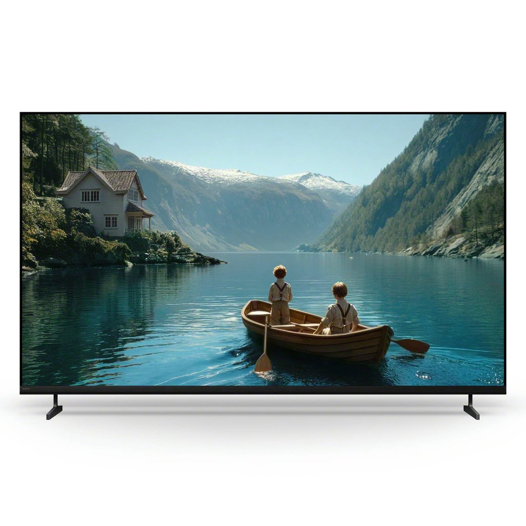 A SONY TV displaying a scenic image of a lake with two boys in a boat