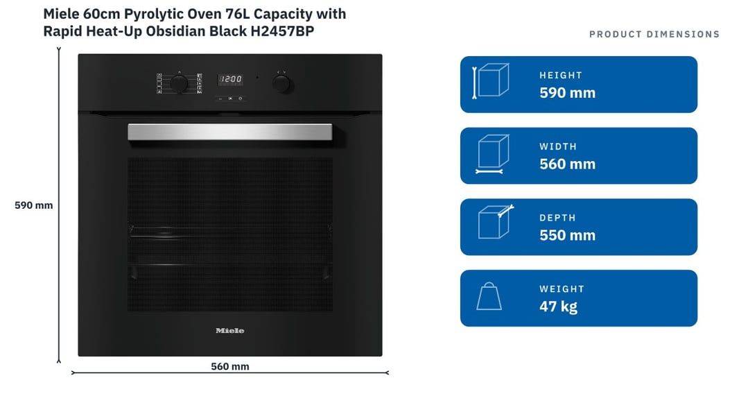 Miele 60cm Pyrolytic Oven 76L Capacity with Rapid Heat-Up Obsidian Black H2457BP