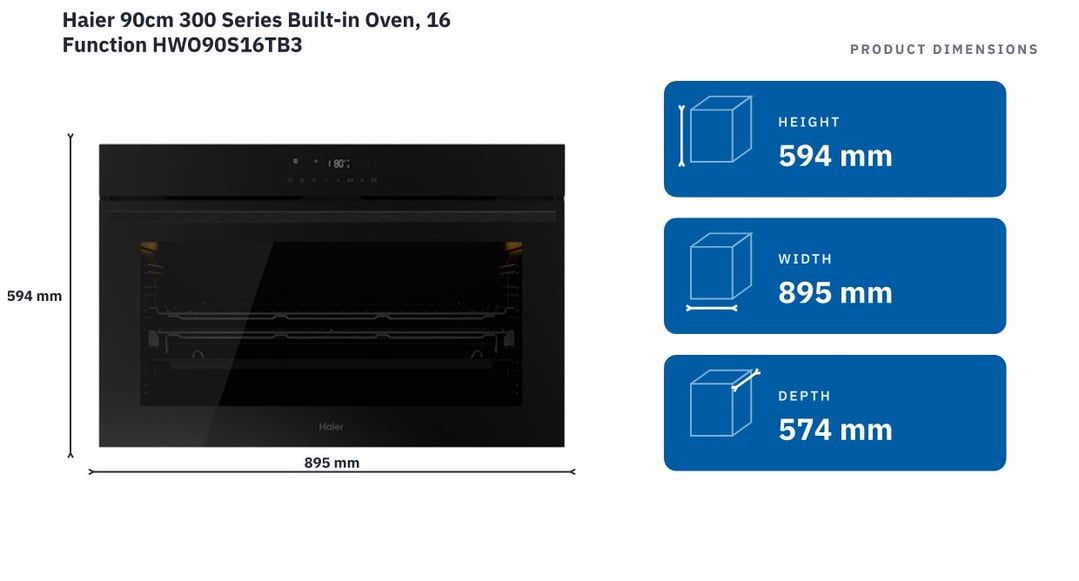 Haier 90cm 300 Series Built-in Oven, 16 Function HWO90S16TB3 — product dimensions
