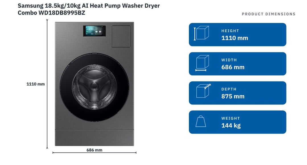 Samsung 18.5kg/10kg AI Heat Pump Washer Dryer Combo WD18DB8995BZ — product dimensions