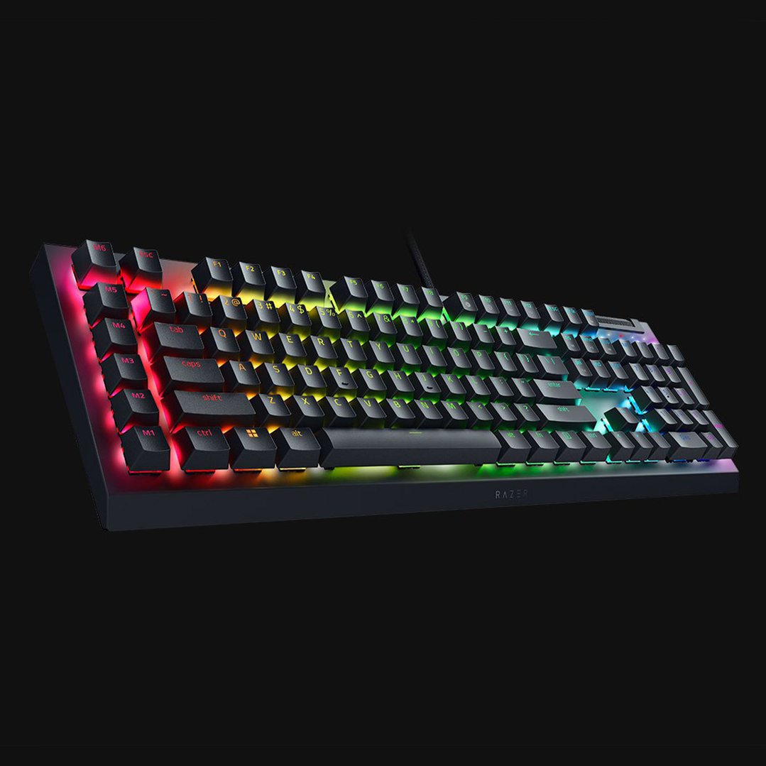 Black Razer mechanical gaming keyboard with colorful RGB backlighting on a dark background