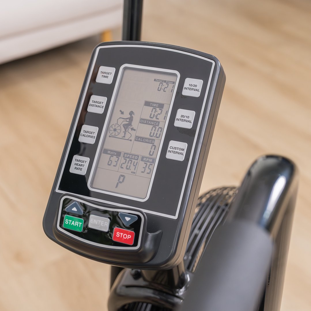 Close up of the display screen on an exercise air bike