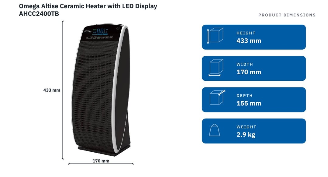Omega Altise Ceramic Heater with LED Display AHCC2400TB — product dimensions