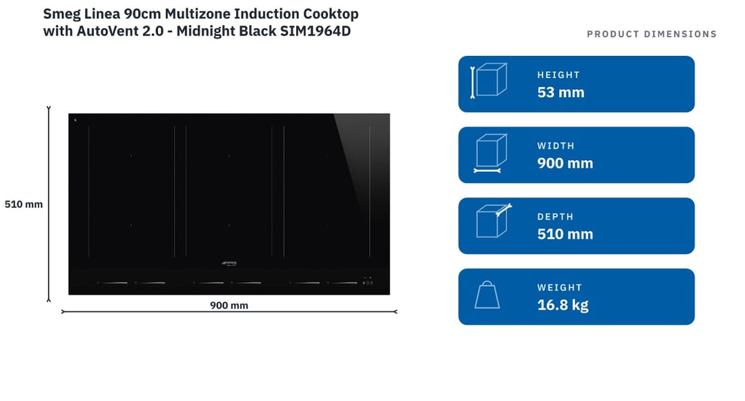 Smeg Linea 90cm Multizone Induction Cooktop with AutoVent 2.0 - Midnight Black SIM1964D — product dimensions