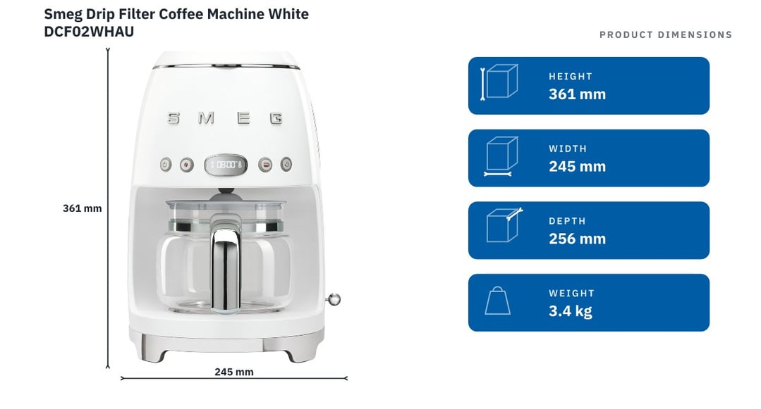Smeg Drip Filter Coffee Machine White DCF02WHAU — product dimensions