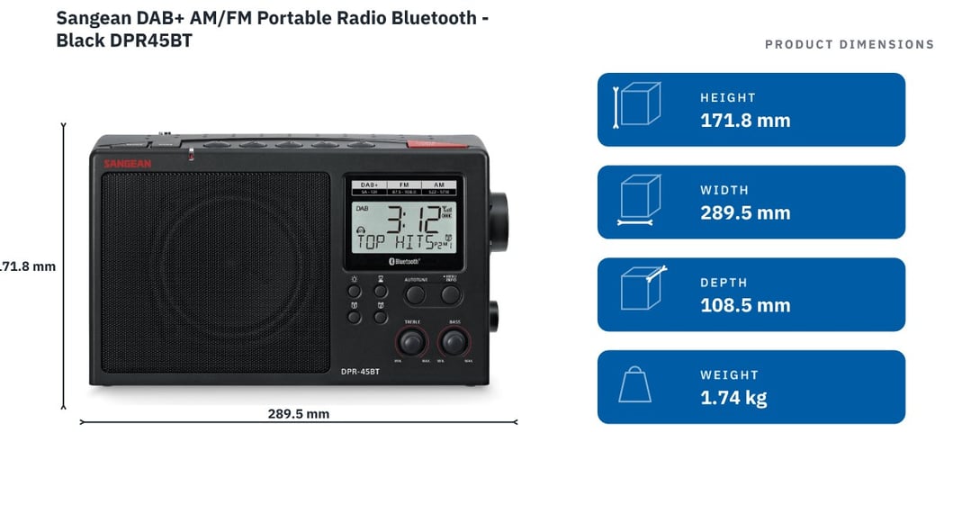 Sangean DAB+ AM/FM Portable Radio Bluetooth - Black DPR45BT — product dimensions