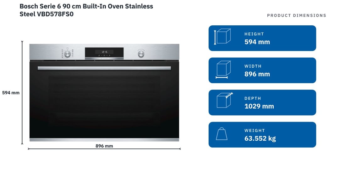 Bosch Serie 6 90 cm Built-In Oven Stainless Steel VBD578FS0 — product dimensions