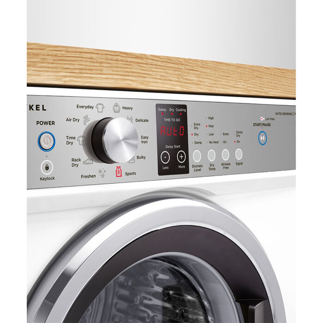 Close up of the control panel of a white vented dryer